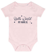 Customisable Hello World MY NAME IS – Larkwood Essential Short Sleeve Baby Bodysuit in Pale Pink with Navy vinyl