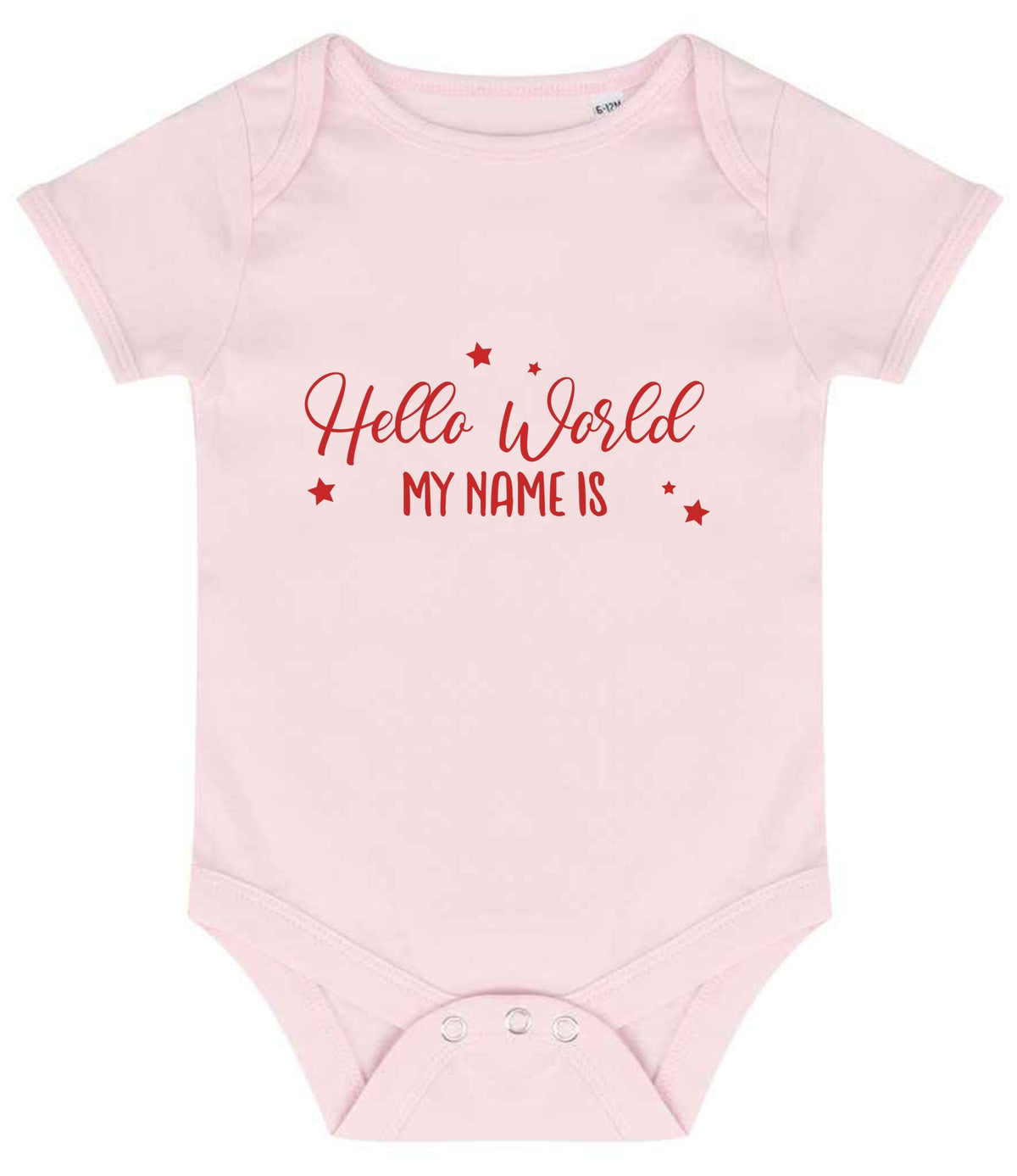 Customisable Hello World MY NAME IS – Larkwood Essential Short Sleeve Baby Bodysuit in Pale Pink with Red vinyl