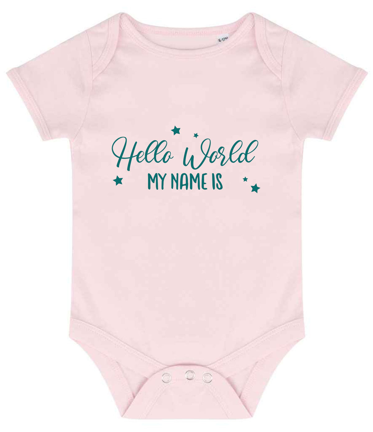 Customisable Hello World MY NAME IS – Larkwood Essential Short Sleeve Baby Bodysuit in Pale Pink with Teal vinyl
