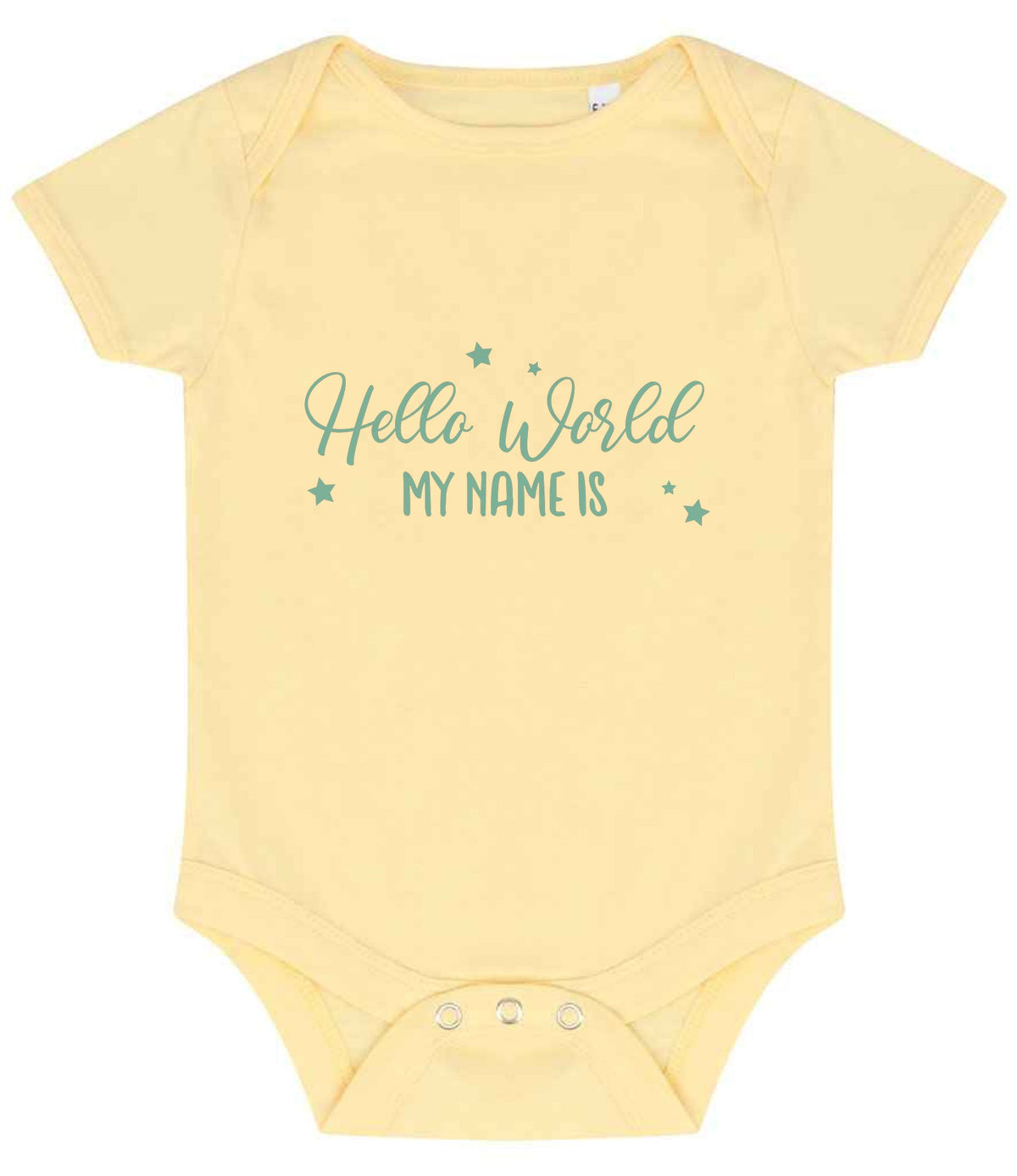 Customisable Hello World MY NAME IS – Larkwood Essential Short Sleeve Baby Bodysuit in Pale Yellow with Baby Blue vinyl