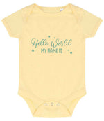 Customisable Hello World MY NAME IS – Larkwood Essential Short Sleeve Baby Bodysuit in Pale Yellow with Baby Blue vinyl