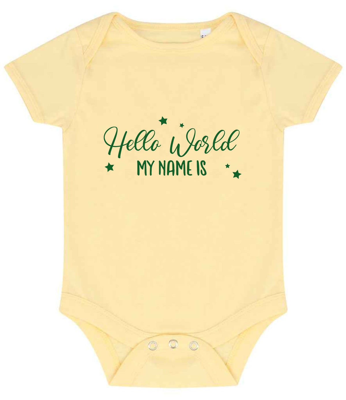 Customisable Hello World MY NAME IS – Larkwood Essential Short Sleeve Baby Bodysuit in Pale Yellow with Dark Green vinyl
