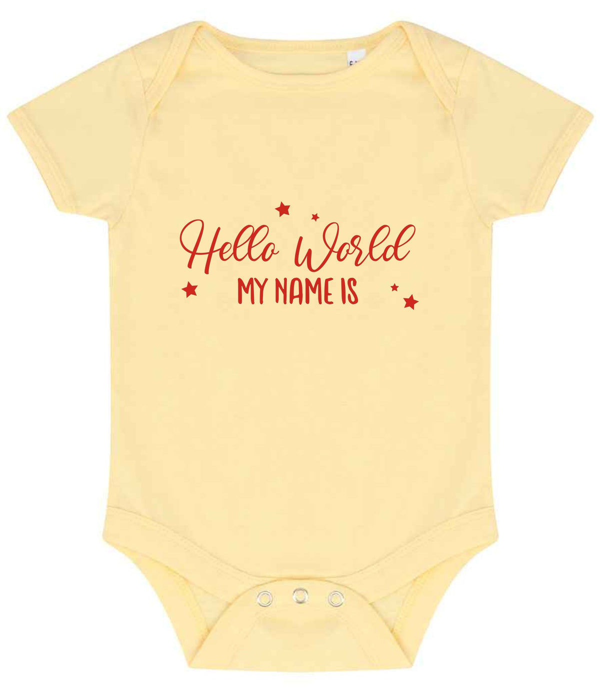 Customisable Hello World MY NAME IS – Larkwood Essential Short Sleeve Baby Bodysuit in Pale Yellow with Red vinyl