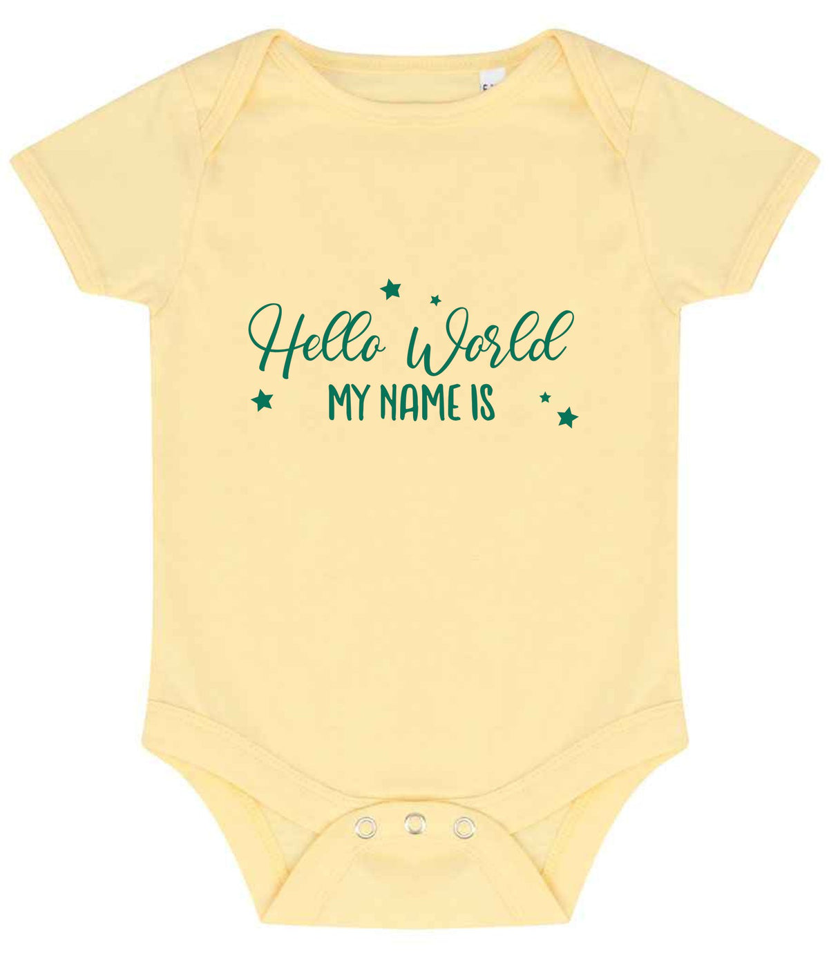 Customisable Hello World MY NAME IS – Larkwood Essential Short Sleeve Baby Bodysuit in Pale Yellow with Teal vinyl