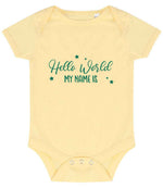 Customisable Hello World MY NAME IS – Larkwood Essential Short Sleeve Baby Bodysuit in Pale Yellow with Teal vinyl
