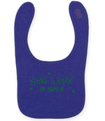 Customisable Hello World MY NAME IS – Larkwood Baby/Toddler Bib in Purple with Dark Green vinyl