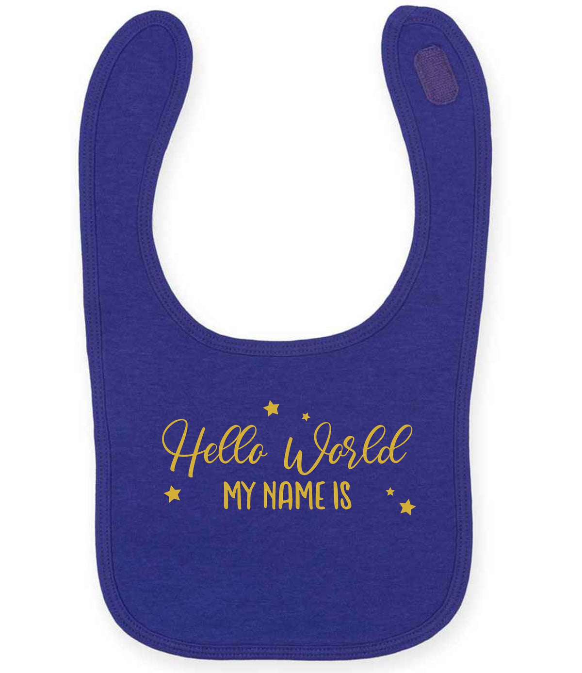 Customisable Hello World MY NAME IS – Larkwood Baby/Toddler Bib in Purple with Gold vinyl