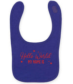 Customisable Hello World MY NAME IS – Larkwood Baby/Toddler Bib in Purple with Red vinyl