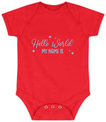 Customisable Hello World MY NAME IS – Larkwood Essential Short Sleeve Baby Bodysuit in Red with Baby Blue vinyl