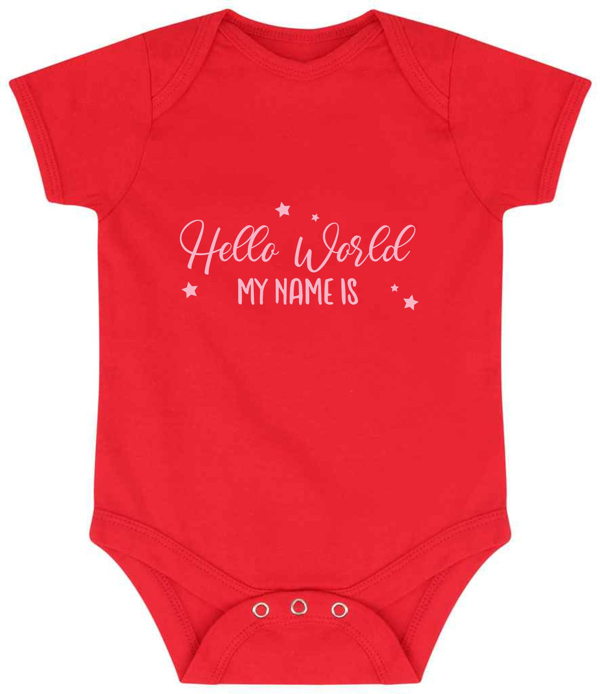 Customisable Hello World MY NAME IS – Larkwood Essential Short Sleeve Baby Bodysuit in Red with Baby Pink vinyl