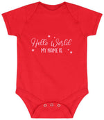 Customisable Hello World MY NAME IS – Larkwood Essential Short Sleeve Baby Bodysuit in Red with Baby Pink vinyl