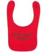 Customisable Hello World MY NAME IS – Larkwood Baby/Toddler Bib in Red with Dark Green vinyl