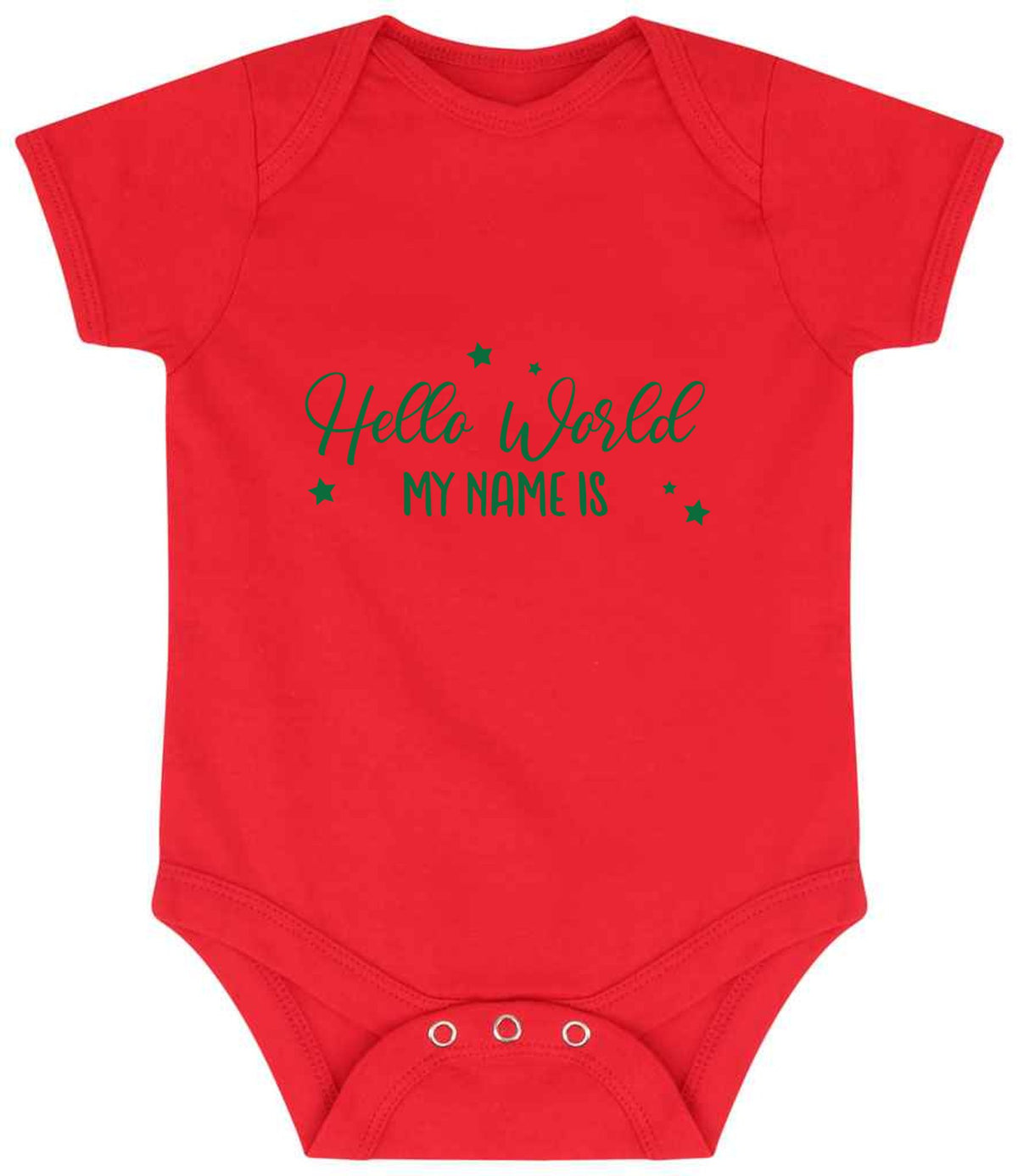 Customisable Hello World MY NAME IS – Larkwood Essential Short Sleeve Baby Bodysuit in Red with Dark Green vinyl