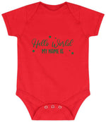 Customisable Hello World MY NAME IS – Larkwood Essential Short Sleeve Baby Bodysuit in Red with Dark Green vinyl