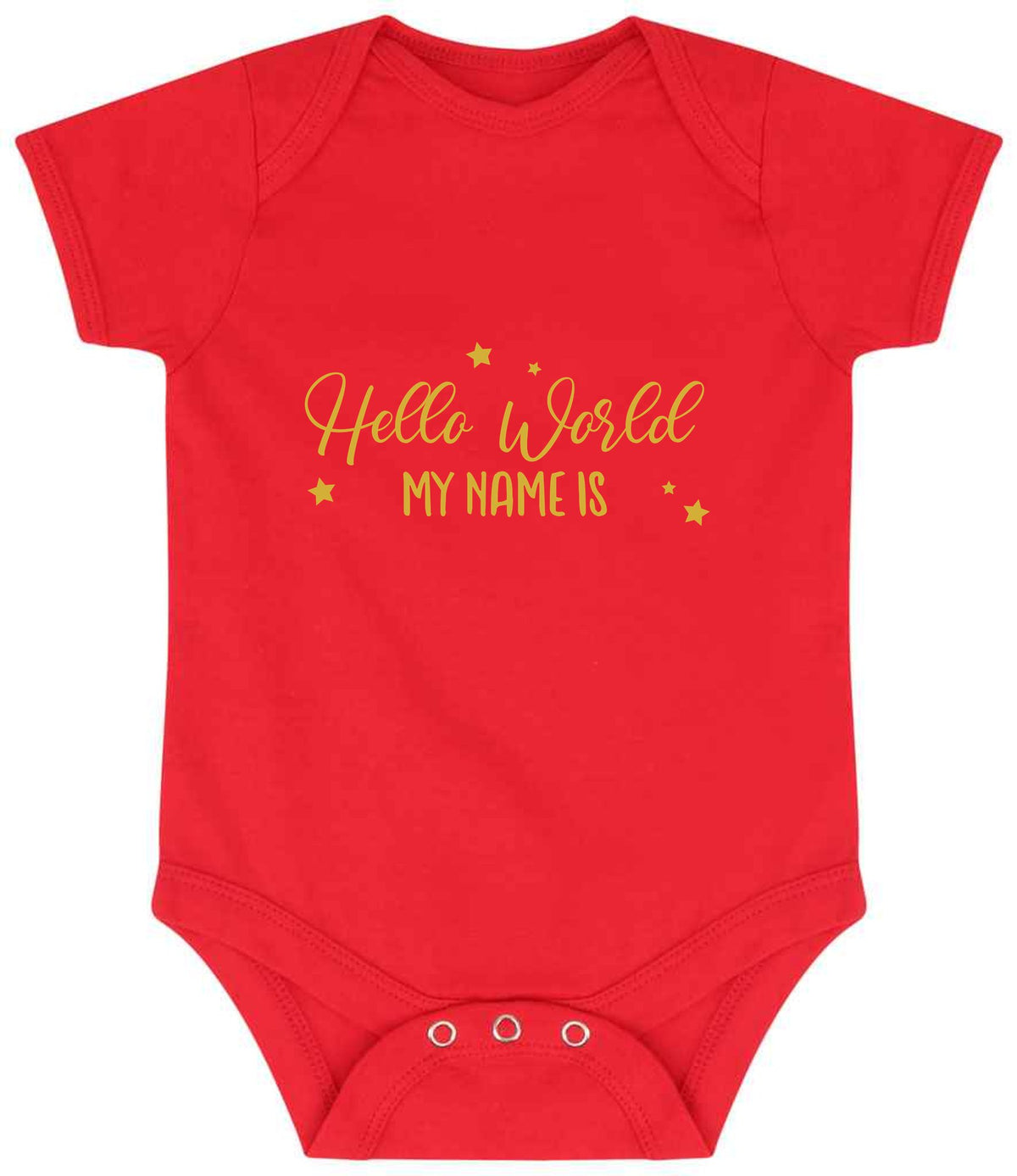 Customisable Hello World MY NAME IS – Larkwood Essential Short Sleeve Baby Bodysuit in Red with Gold vinyl