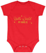 Customisable Hello World MY NAME IS – Larkwood Essential Short Sleeve Baby Bodysuit in Red with Gold vinyl