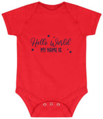 Customisable Hello World MY NAME IS – Larkwood Essential Short Sleeve Baby Bodysuit in Red with Navy vinyl