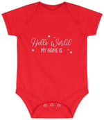 Customisable Hello World MY NAME IS – Larkwood Essential Short Sleeve Baby Bodysuit in Red with Silver vinyl