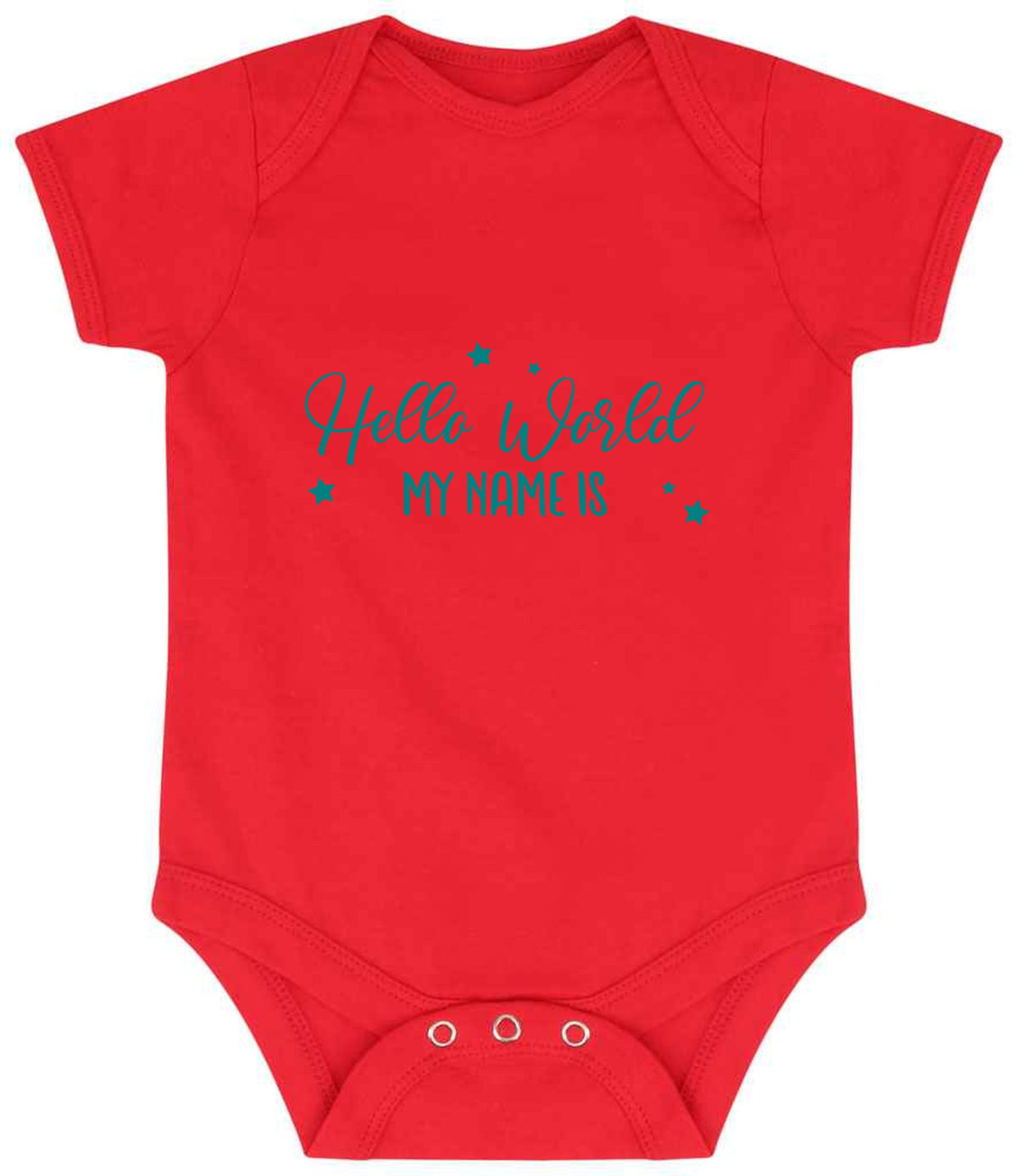 Customisable Hello World MY NAME IS – Larkwood Essential Short Sleeve Baby Bodysuit in Red with Teal vinyl