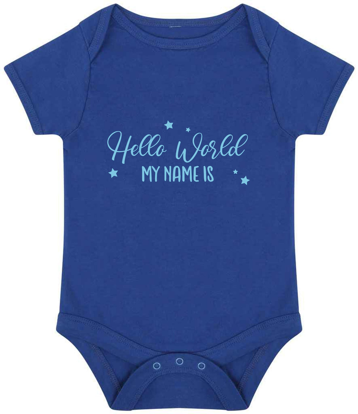 Customisable Hello World MY NAME IS – Larkwood Essential Short Sleeve Baby Bodysuit in Royal Blue with Baby Blue vinyl