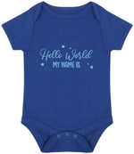 Customisable Hello World MY NAME IS – Larkwood Essential Short Sleeve Baby Bodysuit in Royal Blue with Baby Blue vinyl