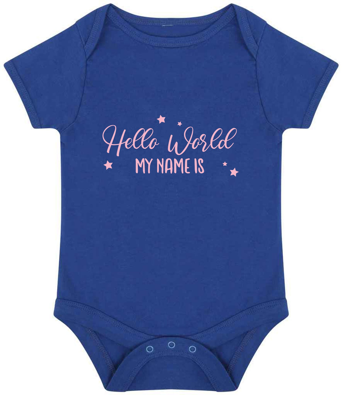 Customisable Hello World MY NAME IS – Larkwood Essential Short Sleeve Baby Bodysuit in Royal Blue with Baby Pink vinyl