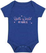 Customisable Hello World MY NAME IS – Larkwood Essential Short Sleeve Baby Bodysuit in Royal Blue with Baby Pink vinyl
