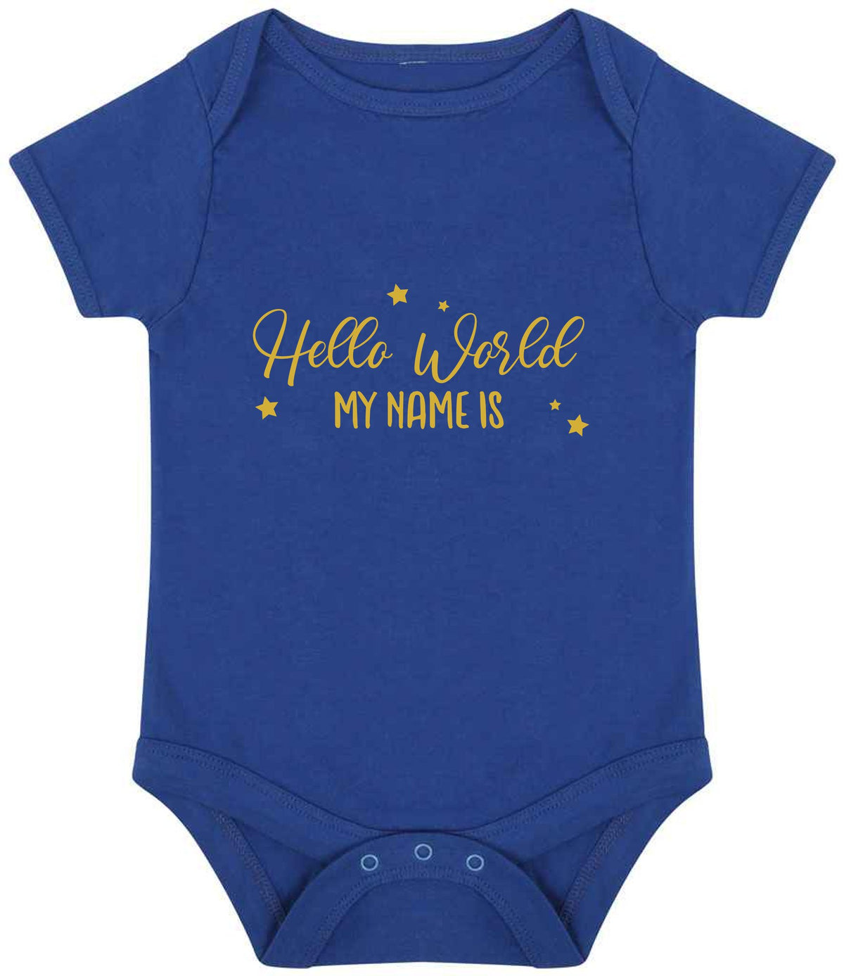Customisable Hello World MY NAME IS – Larkwood Essential Short Sleeve Baby Bodysuit in Royal Blue with Gold vinyl