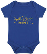 Customisable Hello World MY NAME IS – Larkwood Essential Short Sleeve Baby Bodysuit in Royal Blue with Gold vinyl