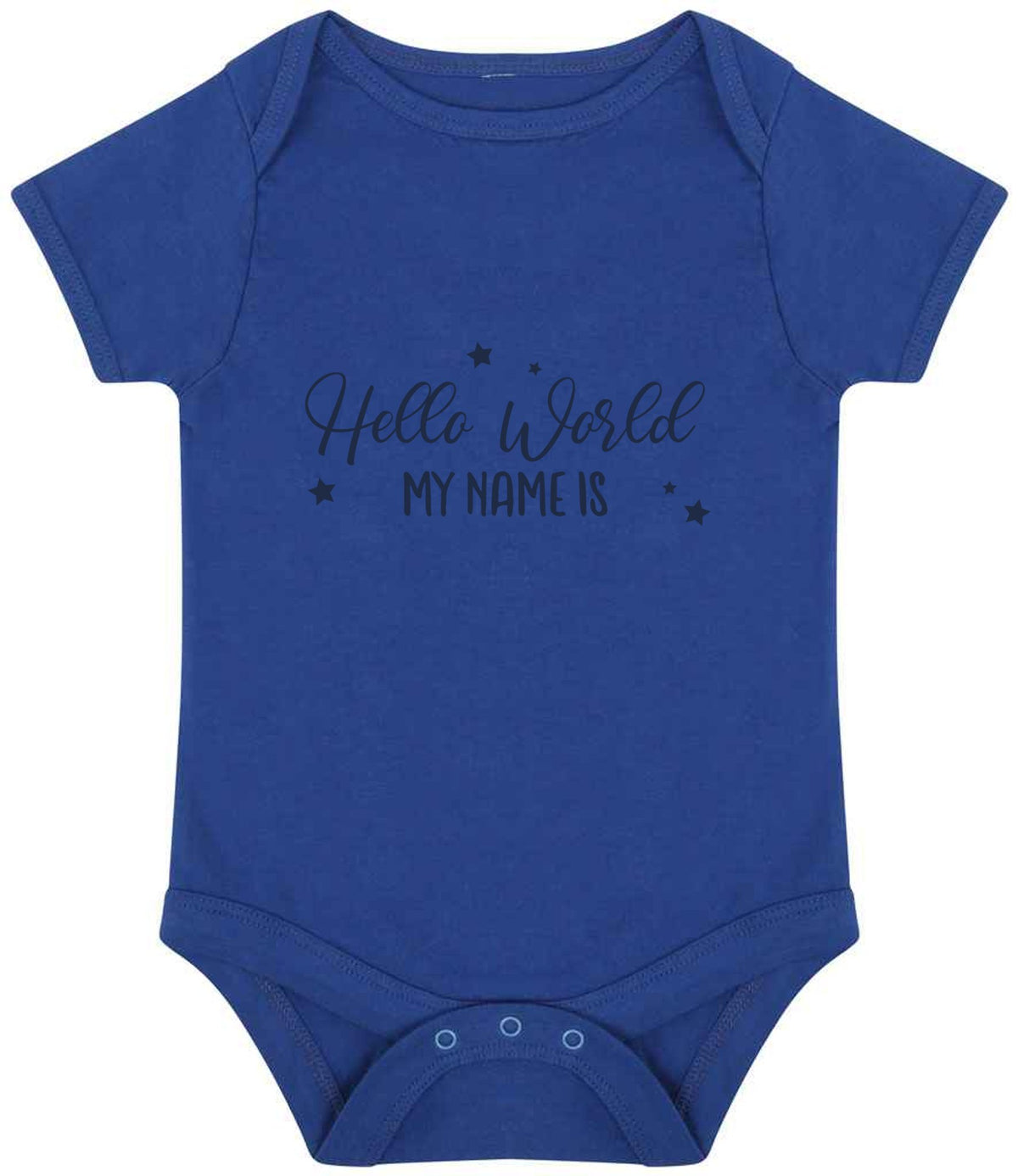 Customisable Hello World MY NAME IS – Larkwood Essential Short Sleeve Baby Bodysuit in Royal Blue with Navy vinyl