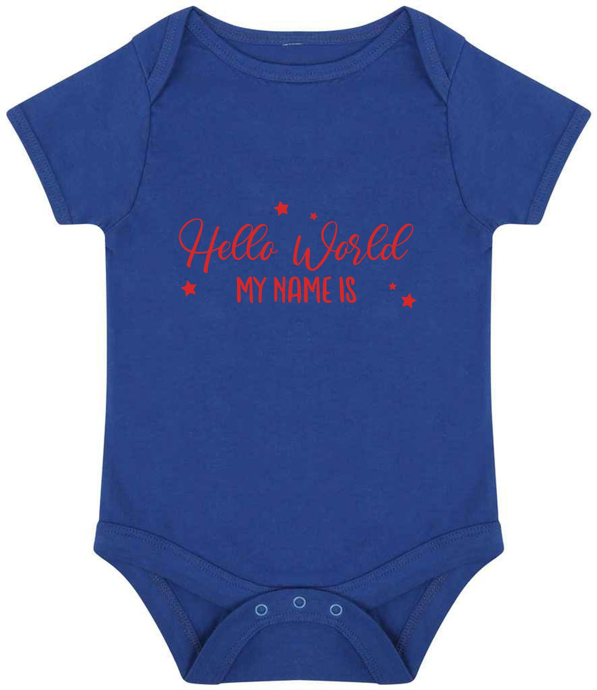Customisable Hello World MY NAME IS – Larkwood Essential Short Sleeve Baby Bodysuit in Royal Blue with Red vinyl