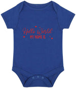 Customisable Hello World MY NAME IS – Larkwood Essential Short Sleeve Baby Bodysuit in Royal Blue with Red vinyl
