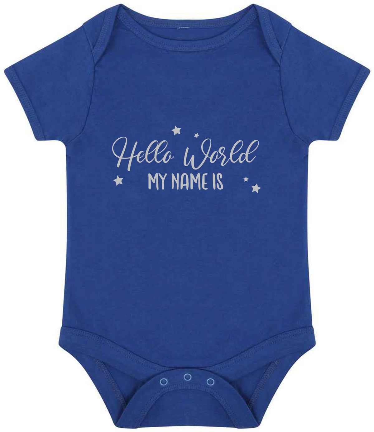 Customisable Hello World MY NAME IS – Larkwood Essential Short Sleeve Baby Bodysuit in Royal Blue with Silver vinyl