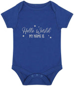 Customisable Hello World MY NAME IS – Larkwood Essential Short Sleeve Baby Bodysuit in Royal Blue with Silver vinyl