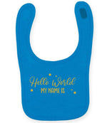 Customisable Hello World MY NAME IS – Larkwood Baby/Toddler Bib in Sapphire Blue with Gold vinyl