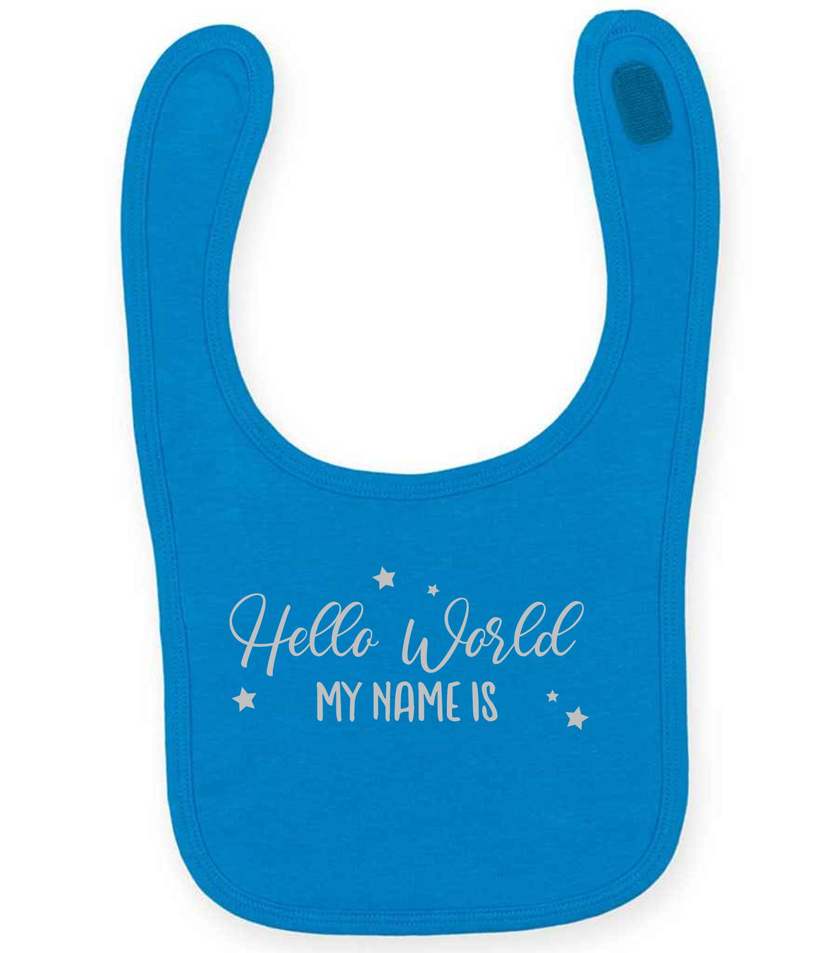 Customisable Hello World MY NAME IS – Larkwood Baby/Toddler Bib in Sapphire Blue with Silver vinyl