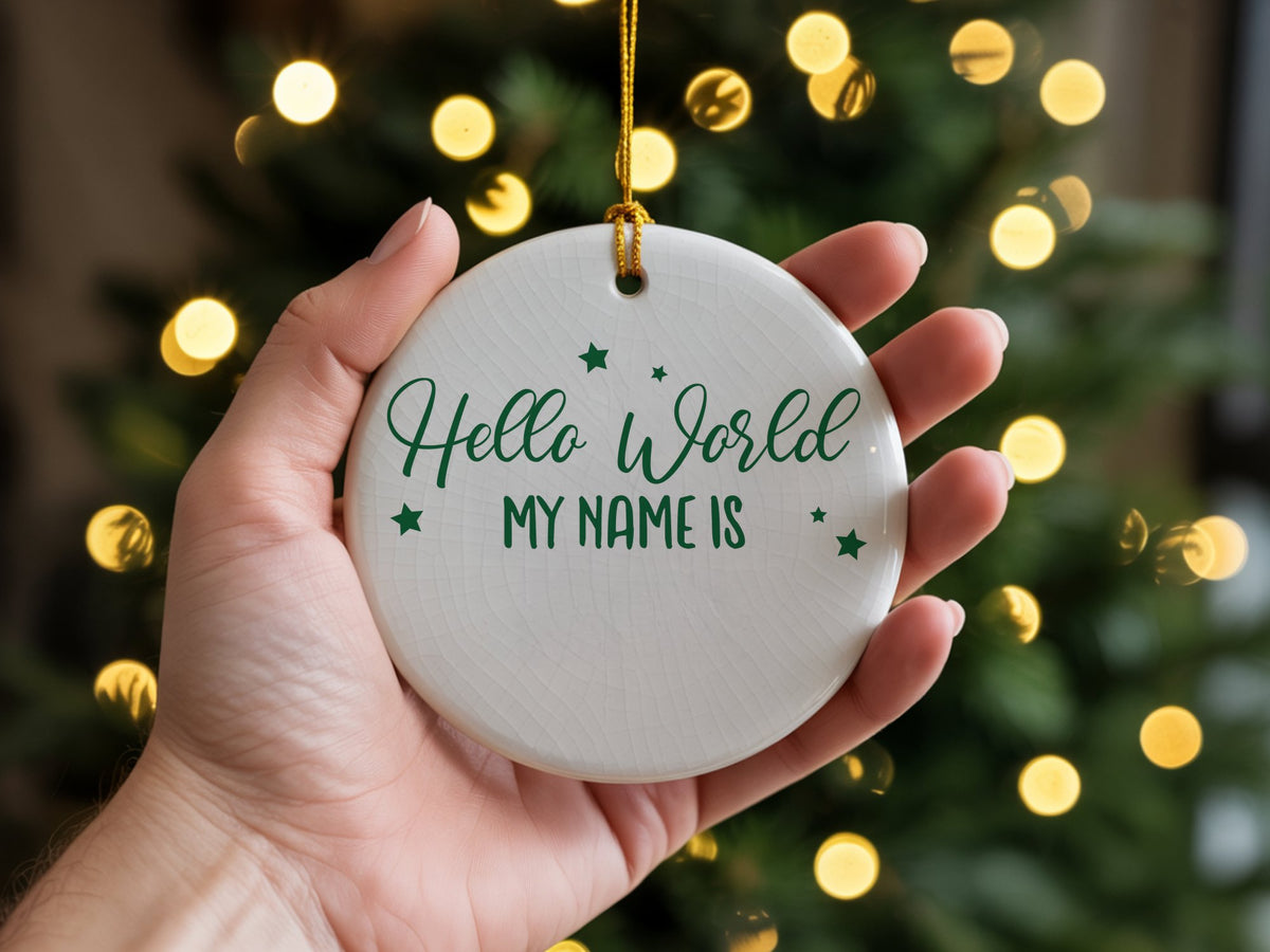Customisable Hello World MY NAME IS – Ceramic Hanging Decoration in Standard with Dark Green vinyl