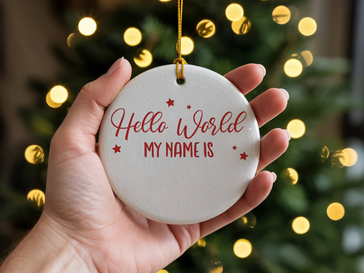 Customisable Hello World MY NAME IS – Ceramic Hanging Decoration in Standard with Red vinyl