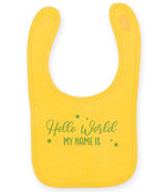 Customisable Hello World MY NAME IS – Larkwood Baby/Toddler Bib in Sunflower with Baby Blue vinyl