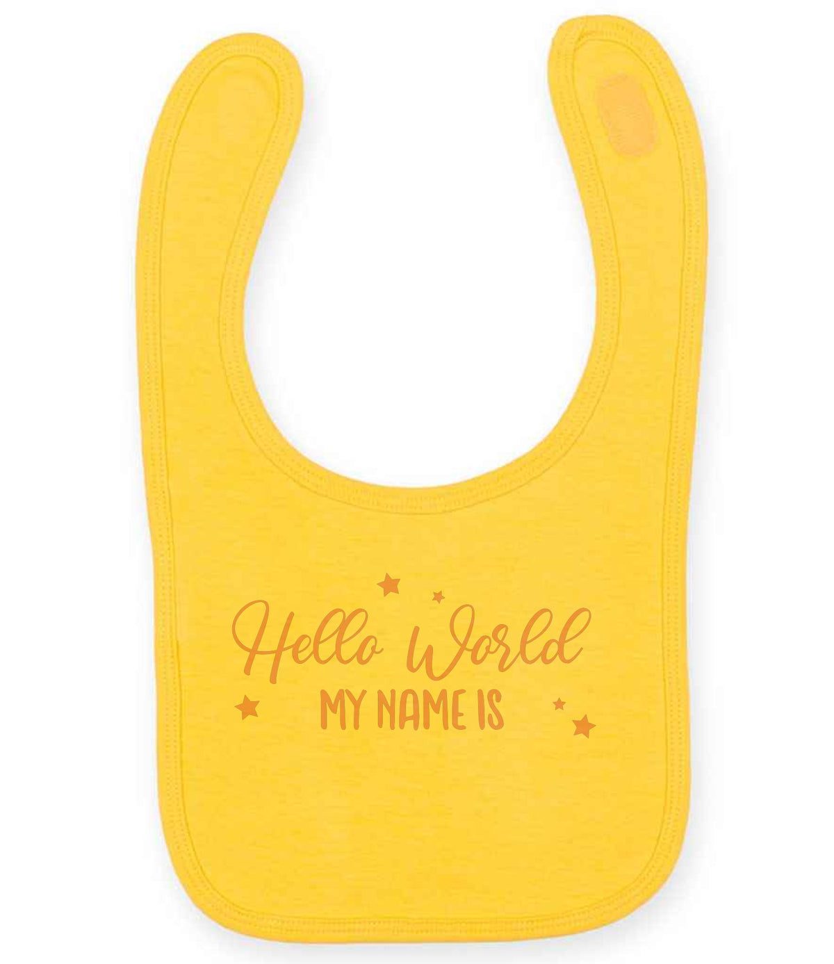 Customisable Hello World MY NAME IS – Larkwood Baby/Toddler Bib in Sunflower with Baby Pink vinyl