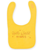Customisable Hello World MY NAME IS – Larkwood Baby/Toddler Bib in Sunflower with Baby Pink vinyl