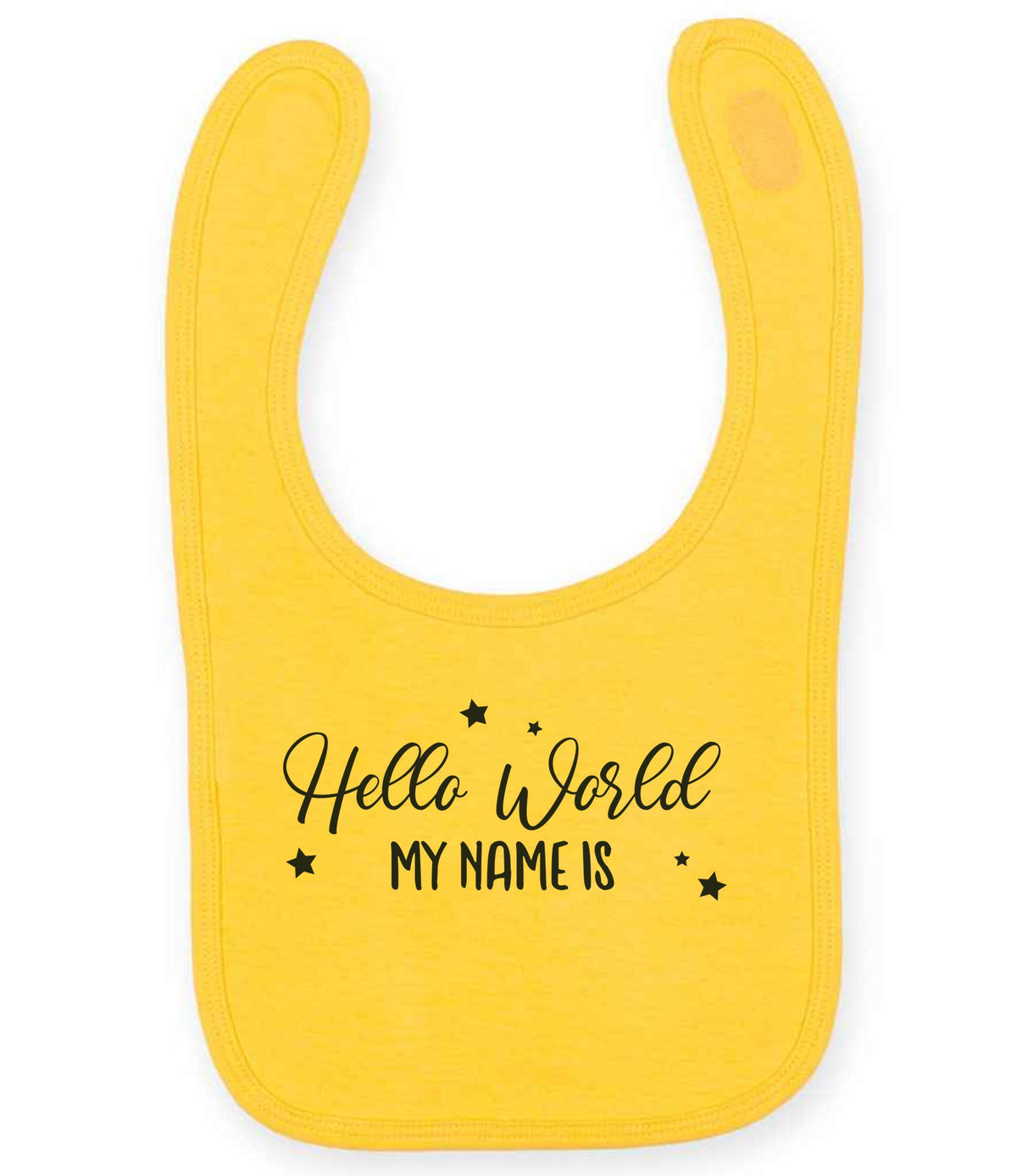 Customisable Hello World MY NAME IS – Larkwood Baby/Toddler Bib in Sunflower with Navy vinyl