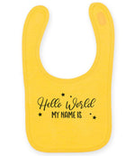 Customisable Hello World MY NAME IS – Larkwood Baby/Toddler Bib in Sunflower with Navy vinyl