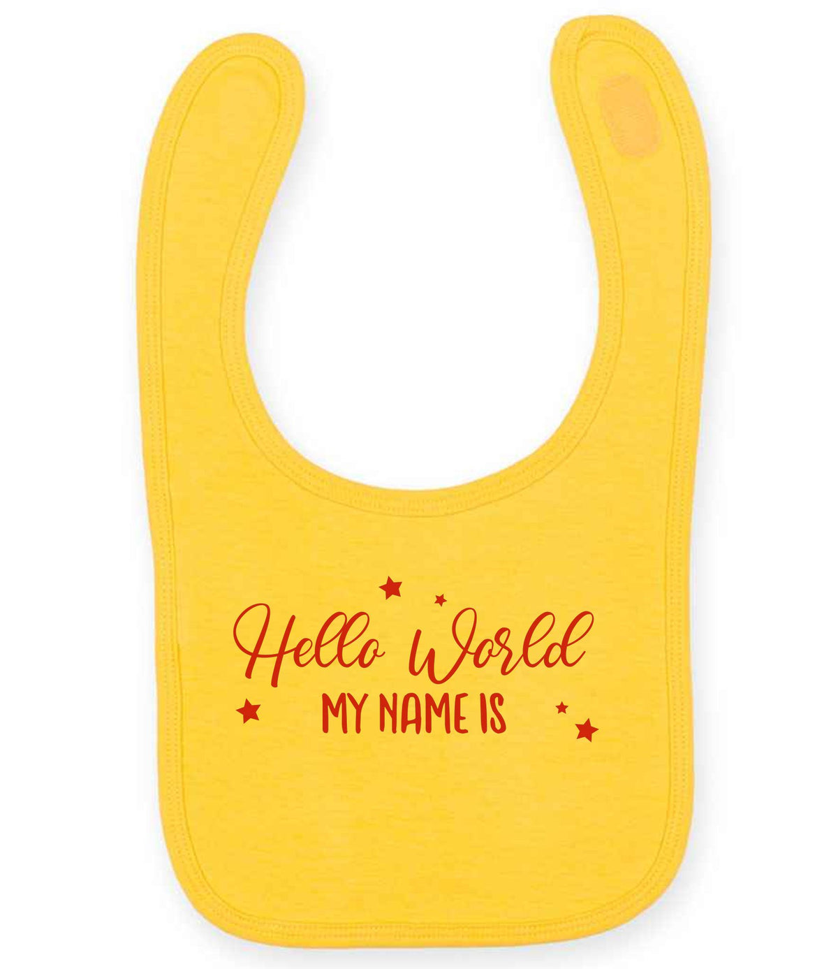 Customisable Hello World MY NAME IS – Larkwood Baby/Toddler Bib in Sunflower with Red vinyl