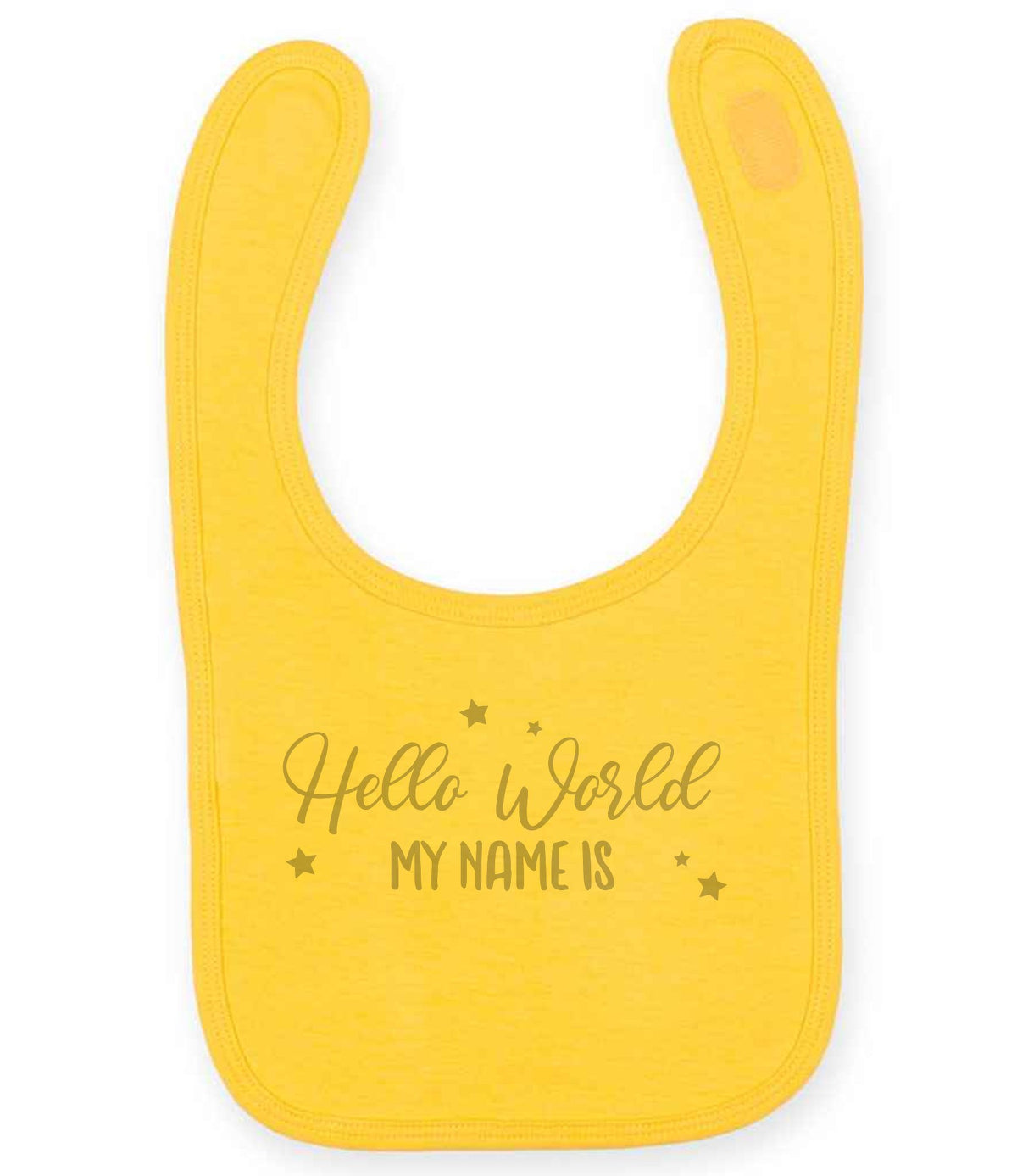 Customisable Hello World MY NAME IS – Larkwood Baby/Toddler Bib in Sunflower with Silver vinyl