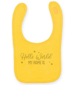 Customisable Hello World MY NAME IS – Larkwood Baby/Toddler Bib in Sunflower with Silver vinyl