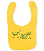 Customisable Hello World MY NAME IS – Larkwood Baby/Toddler Bib in Sunflower with Teal vinyl