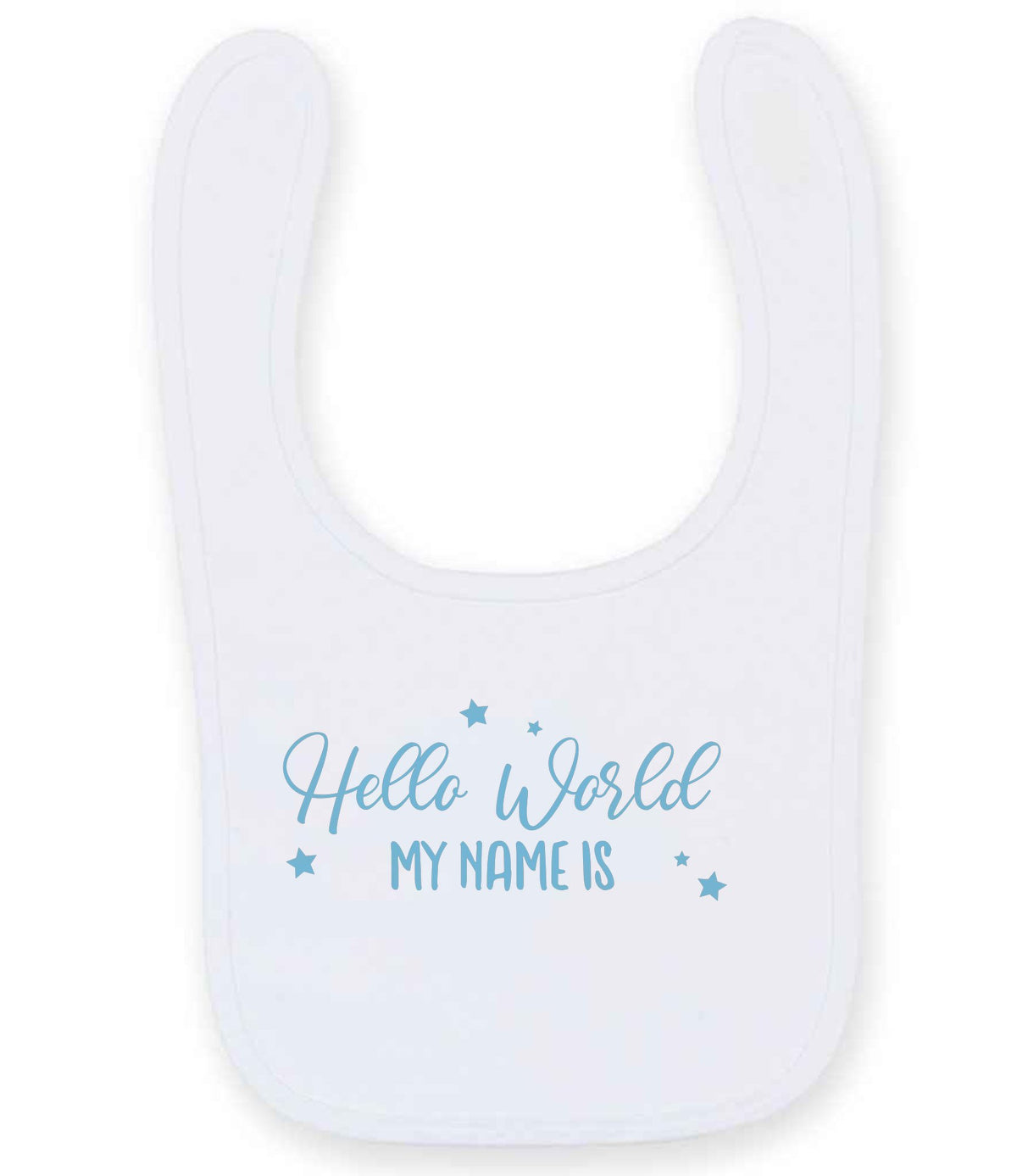 Customisable Hello World MY NAME IS – Larkwood Baby/Toddler Bib in White with Baby Blue vinyl