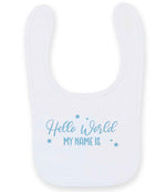 Customisable Hello World MY NAME IS – Larkwood Baby/Toddler Bib in White with Baby Blue vinyl