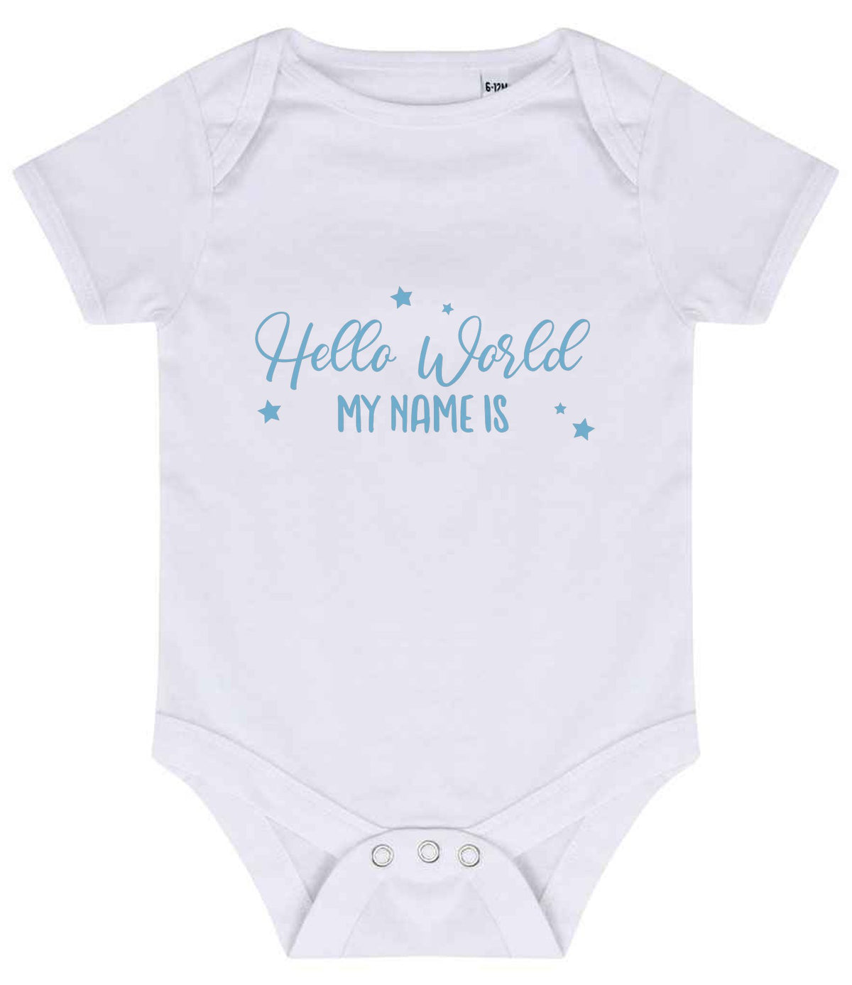 Customisable Hello World MY NAME IS – Larkwood Essential Short Sleeve Baby Bodysuit in White with Baby Blue vinyl